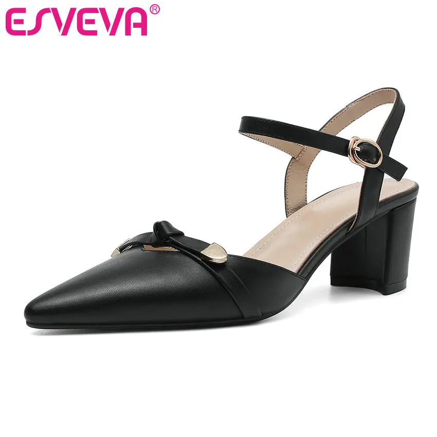

ESVEVA 2019 Women Sandals Cow Leather+PU Summer Butterfly-Knot Crystal Sweet Style Med Heel Ankle Strap Women Pumps Size 34-41