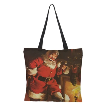 

Custom Ladies Casual Shoulder Bag Print Foldable Reusable Christmas Pattern Burlap Bag Santa Claus Pattern Shopping Bag 43 *43cm