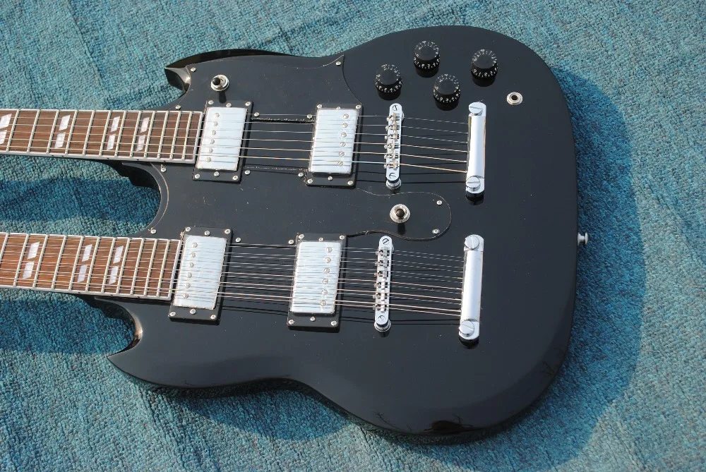 

2018 wholesale popular factory custom double neck black 12 strings 6 strings electric guitar with black pickguard