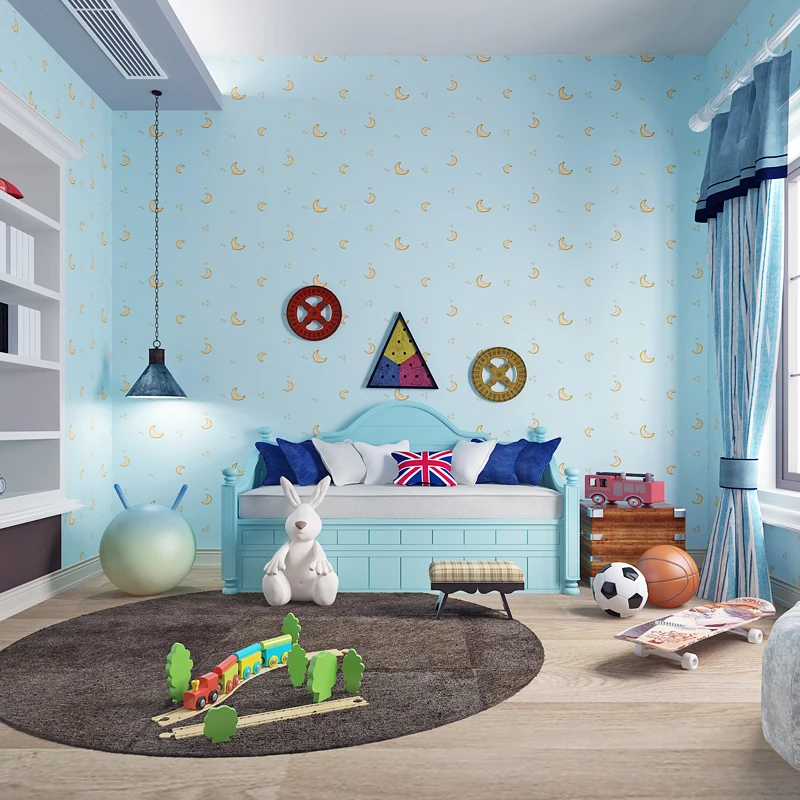 Children's room wallpapers for kids boy girl blue starry sky moon cartoon non-woven wall paper bedroom warm color household deco