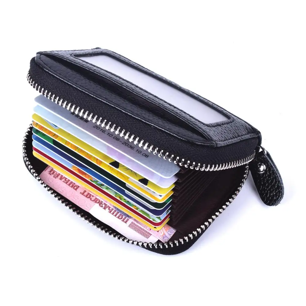 

Leather Credit Card Holder Wallet with Zipper Genuine Leather Credit Card Protector RFID Women Ladies Wallet Case