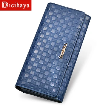 

High Quality Lady Wallet Women Long Design Hasp Plaid Wallets Genuine Leather Wallet Female Card Holder Coin Purse Phone Bag