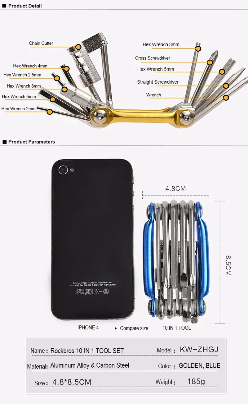 10Hot ROCKBROS High Hardness Premium Alloy Bicycle Pocket Repair Tools 11 in 1 Set Folding Mini Multifunction Cycling Bike Tools