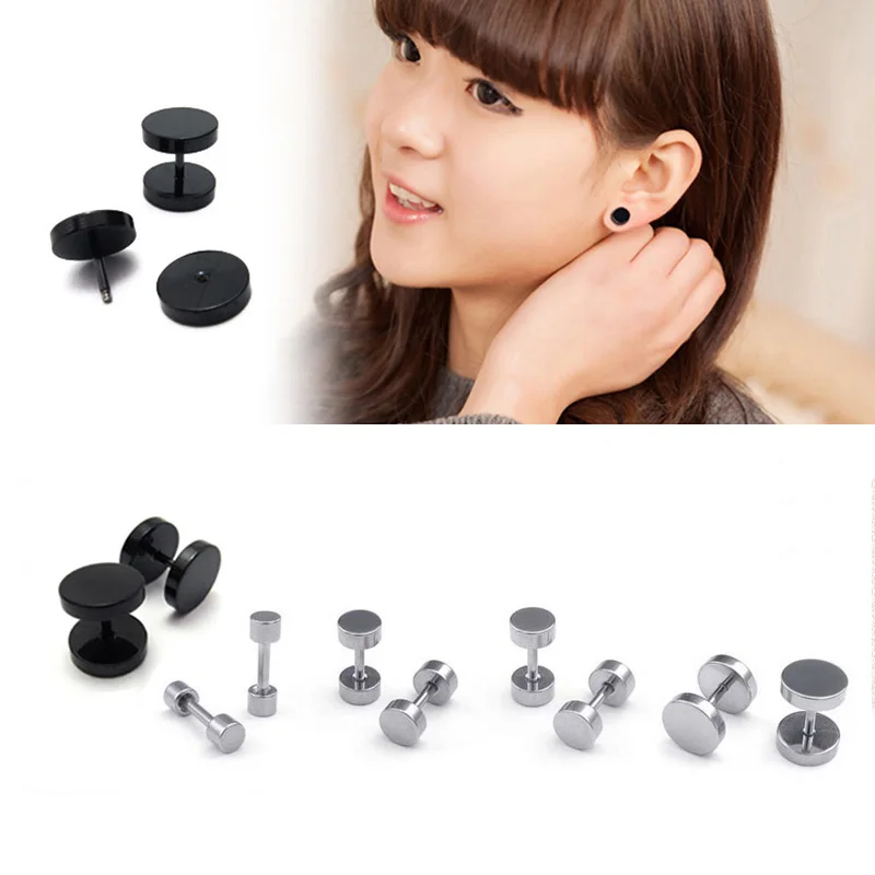 

Titanium steel dumbbell style stud earrings black steel color wheel earrings men women trendy hip hop rock punk style earrings