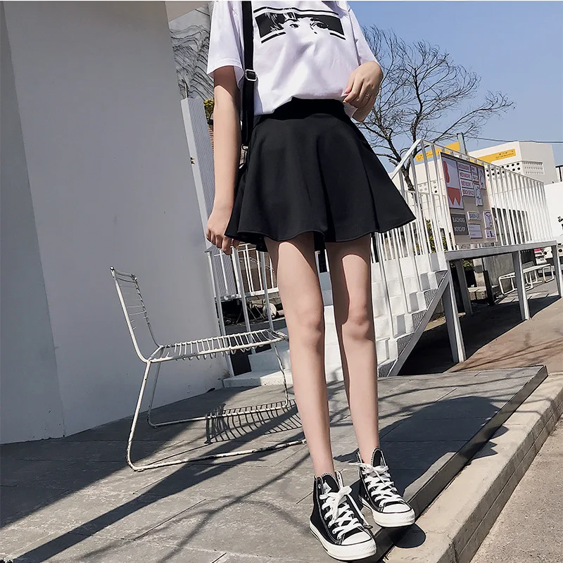 2019 Women Summer High Waist Pleated A Line Skirts All Matching Black Skirt Female INS Short Skirt Harajuku Kawaii Mini Skirt