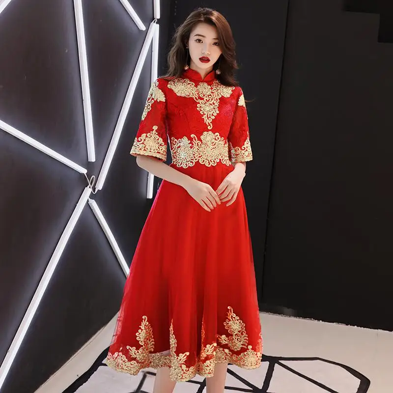 Женское платье большого размера 3XL, улучшенное, с круглым вырезом, китайское, классическое, кружевное, с вышивкой, Cheongsam, для азиатской невесты, тост, платья, элегантное, Qipao - Цвет: Style 4