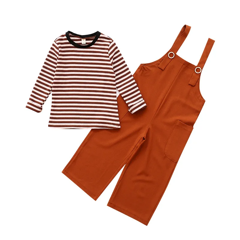 orange clothing set Комплекты одежды для девочек осень детский спортивный костюм в полоску длинные рукава Футболки, Топы+ комбинезон Штаны 2 шт. Одежда для девочек костюмы - Цвет: orange clothing set