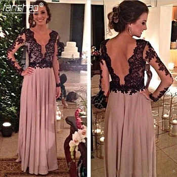 

Vintage Black Lace Long Sleeves Evening Dresses Sexy Backless Floor Length Chiffon Womens Formal Party Gown