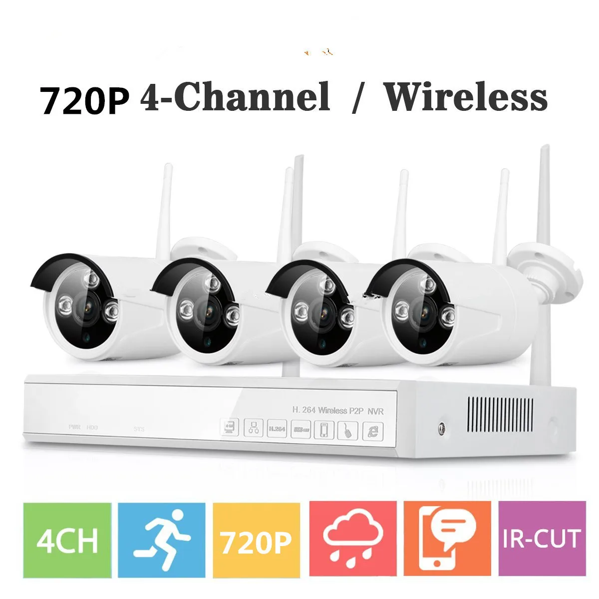 4CH Беспроводная NVR CCTV система wifi 1.0MP ИК внешняя цилиндрическая камера P2P IP
