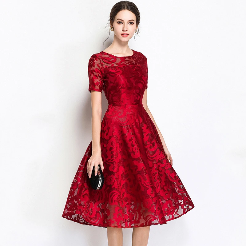 Vestido de encaje en el cuerpo y falda de chiffon con mangas cortas Rojo