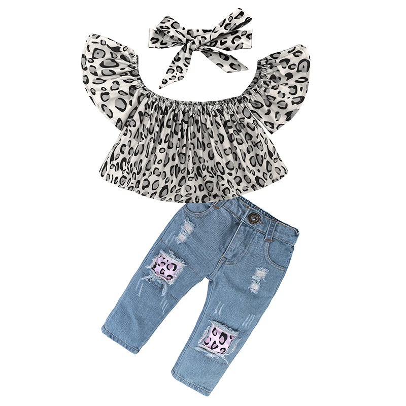 2018 summer fashion girls clothes leopard print off shoulder tops+jean+Headband 3 pcs children clothing set for 2-7Y kid girls