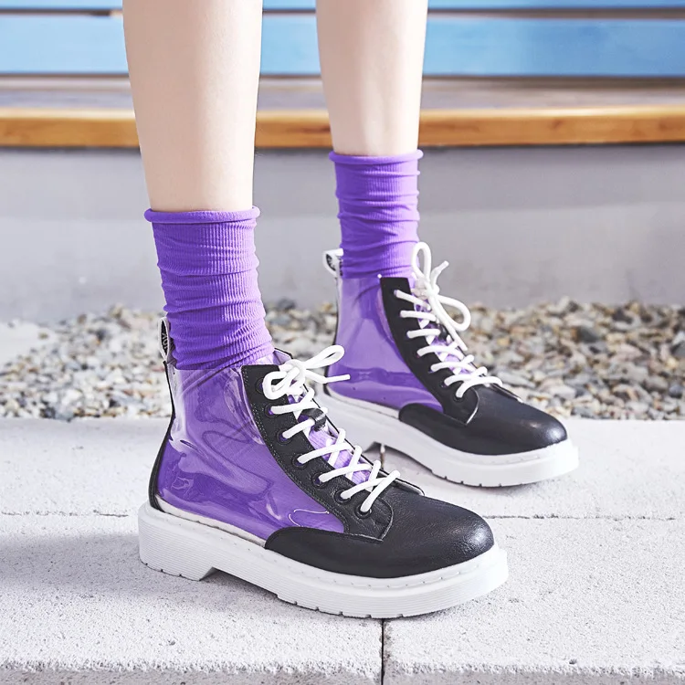 

2018 autumn new fashion simple transparent PVC flat shoes women trend high tube transparent hip hop style casual shoes.