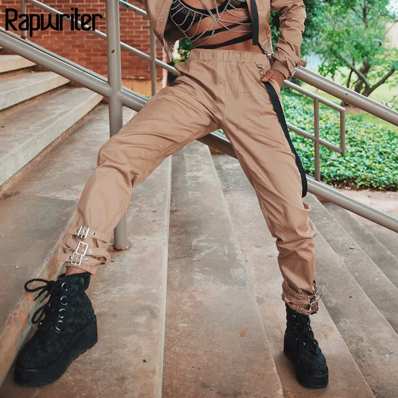 

Rapwriter Fashion Three-breasted Buckle Stretch High Waist Pencil Pants Women 2018 Autumn Streetwear Cargo Jogger Pants Bottom