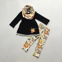 Новинка, осенне-зимняя одежда на Хэллоуин одежда на День Благодарения черный шарф из 3 предметов с тыквой, хлопковый помпон-помпон, изысканные штаны, комплекты детской одежды