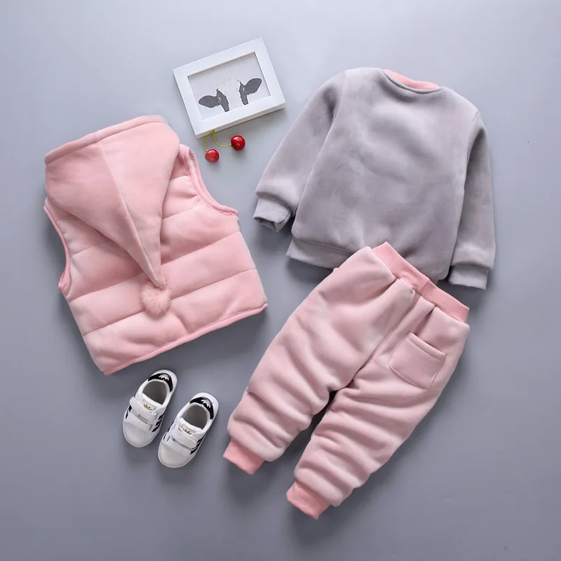 Fashion Baby Boys Girls Cartoon Deer Clothes Children Add Cotton Hooded Vest T-shirt Pants 3Pcs/Set Autumn Winter Kids Tracksuit