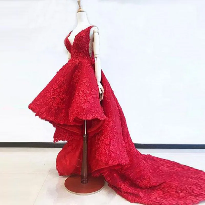 

Stunning Evening Dresses Appliques abiye Formal Gowns Vestido Longo Appliques Hi Low Evening Dress Red robe de soiree