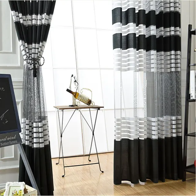 Luoshanna New Modern White Black Warp Knitted Screen Striped Curtain Luoshanna New Modern White Black Warp Knitted Screen Striped Curtain Waveform Can Be Customized For Living Room Bedroom Windows