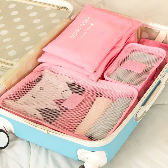 6 шт. один комплект багажа нейлоновая Упаковка Куб дорожные сумки система Прочная Большая емкость унисекс сумка для организации и сортировки одежды - Цвет: Розовый