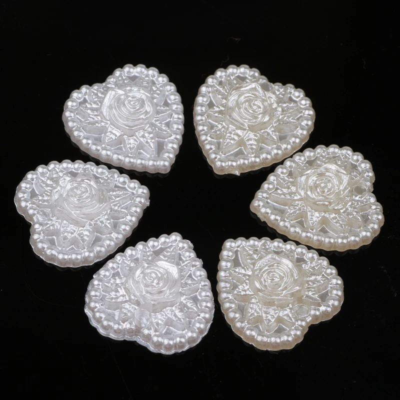 

200pcs 17x18mm White/Ivory Color Heart Shape With Rose Flower Flat Back Simulated Pearl Beads For Phone Decoration DIY Jewelry