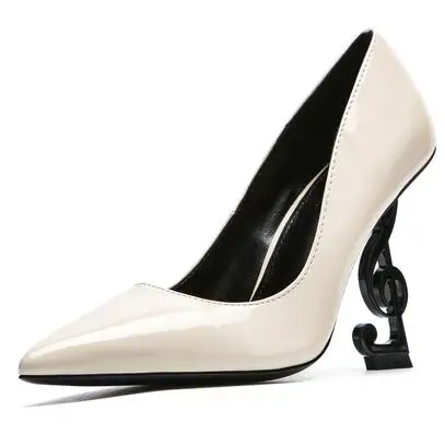 Moraima Snc/пикантные туфли на высоком каблуке; женские туфли-лодочки на необычном каблуке с острым носком; вечерние туфли из лакированной кожи с закрытым носком; цвет винный, красный, черный