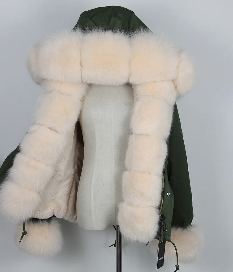 Брендовая женская зимняя куртка, пальто, Толстая теплая меховая подкладка, женские парки, большой натуральный Лисий мех, воротник с капюшоном и Лисий мех, розовый, черный - Цвет: green coat beige