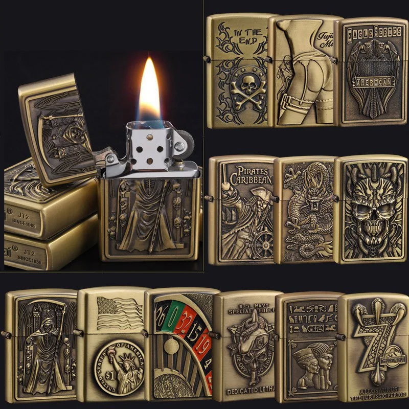 

New style Cigarette Accessories Portable bronze color oil lighter Cheaper Emboss characters Kerosene lighters