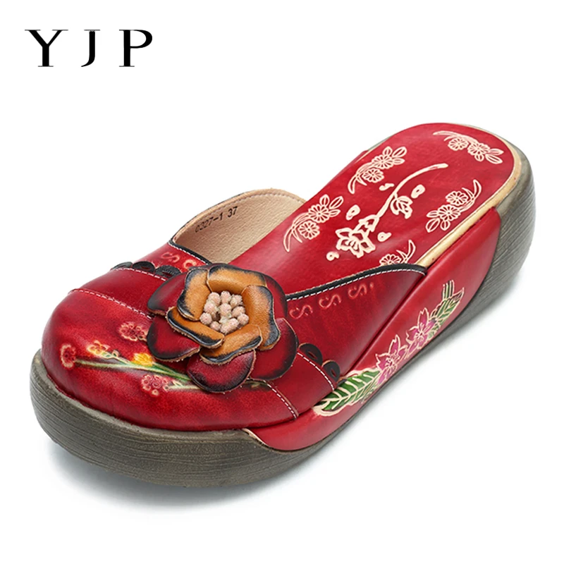 

YJP Round Toe Vintage Women Slippers Genuine Leather Shoes Women Summer Slippers Beach Slides Ladies Flat Heel Platform Shoes
