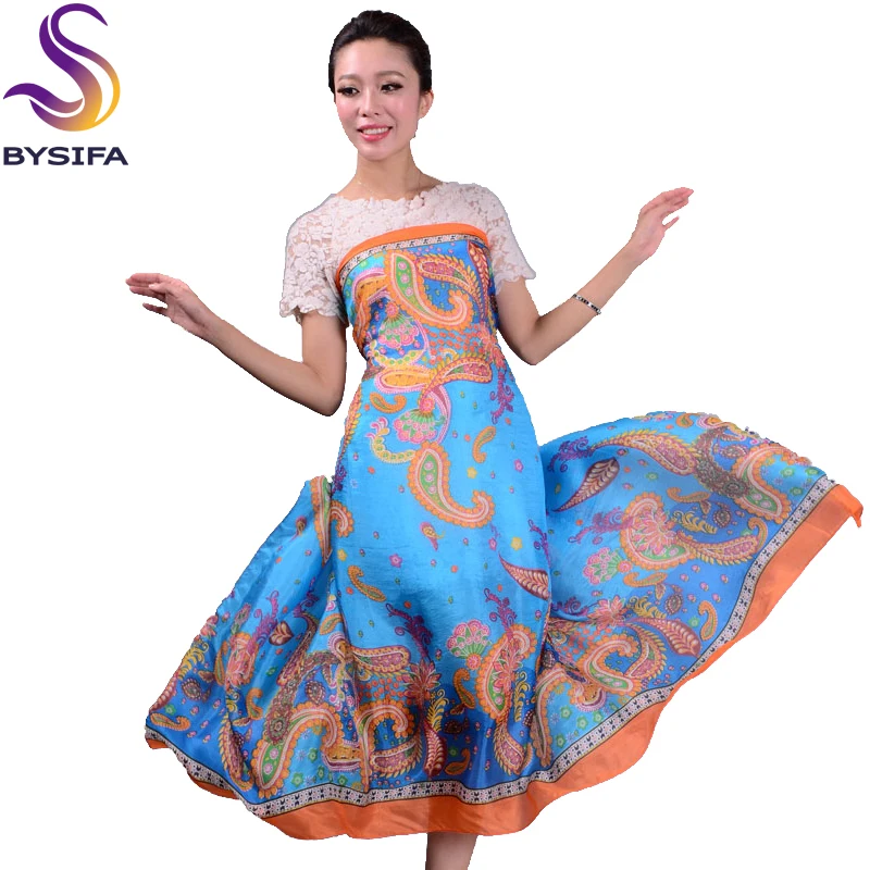 

[BYSIFA] New 100% Silk Blue Women Silk Scarves Printed Fashion Brand Ultra Long Cape National Style Pure Silk Scarf Shawl bwj04
