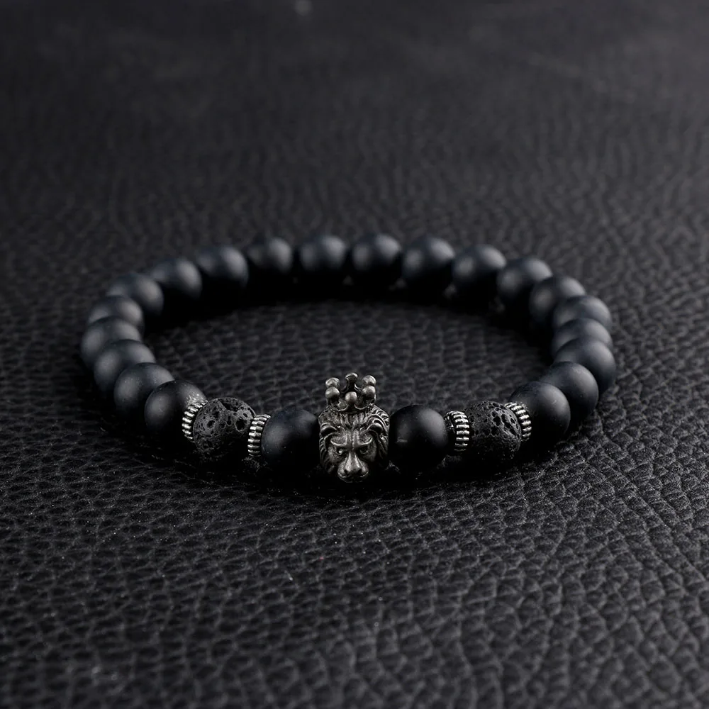 

1PC 8.5mm Classic Crown Lion Head Alloy Lace-up Bangle Men Black Lava Stone Beaded Bracelets Jewelry Gift Handmade Free Shipping