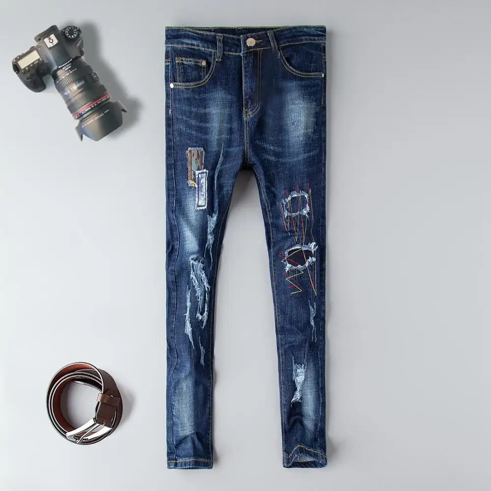 Синие Новые Модные мужские брендовые джинсы европейские высокие уличные Дизайнерские мужские байкерские джинсы хип-хоп рваные узкие джинсы брюки дропшиппинг