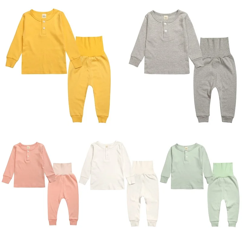 

Hooyi High Waistline Children Pajamas Sets Baby Boys Sleepwear Clothes Suit Nursing Belly Solid Color Girls PJ'S T-Shirt + Pant