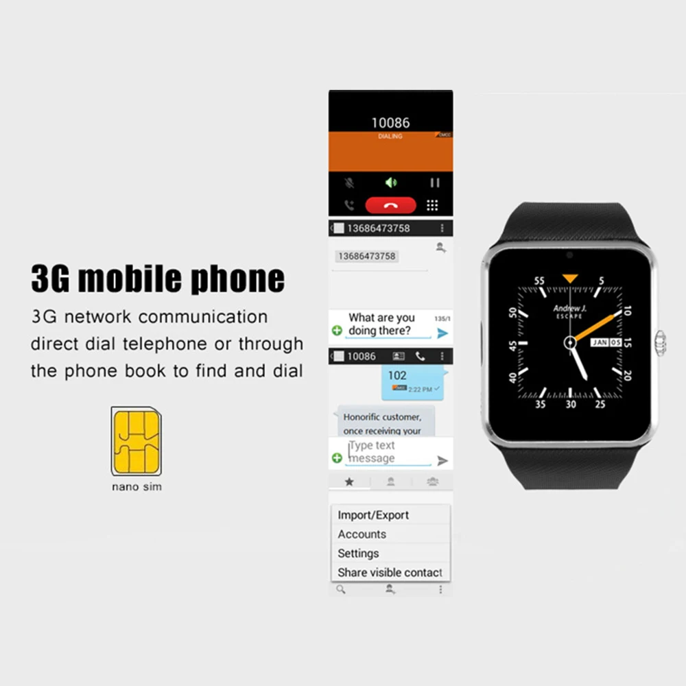  GT08 Plus Smart Watch Android Support Camera Nano 3G SIM card watch phone Bluetooth WIFI GPS Google