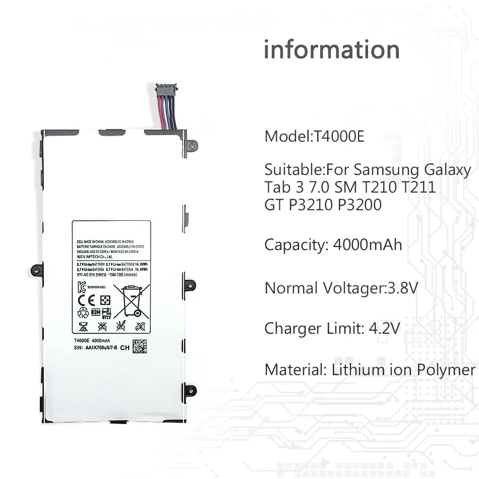 Ykaiserin Батарея T4000E для samsung Galaxy Tab 3 7,0 SM T210 T211 GT P3210 P3200 SM-T210 SM-T211 T217 T2105 4000 мА/ч, Ёмкость