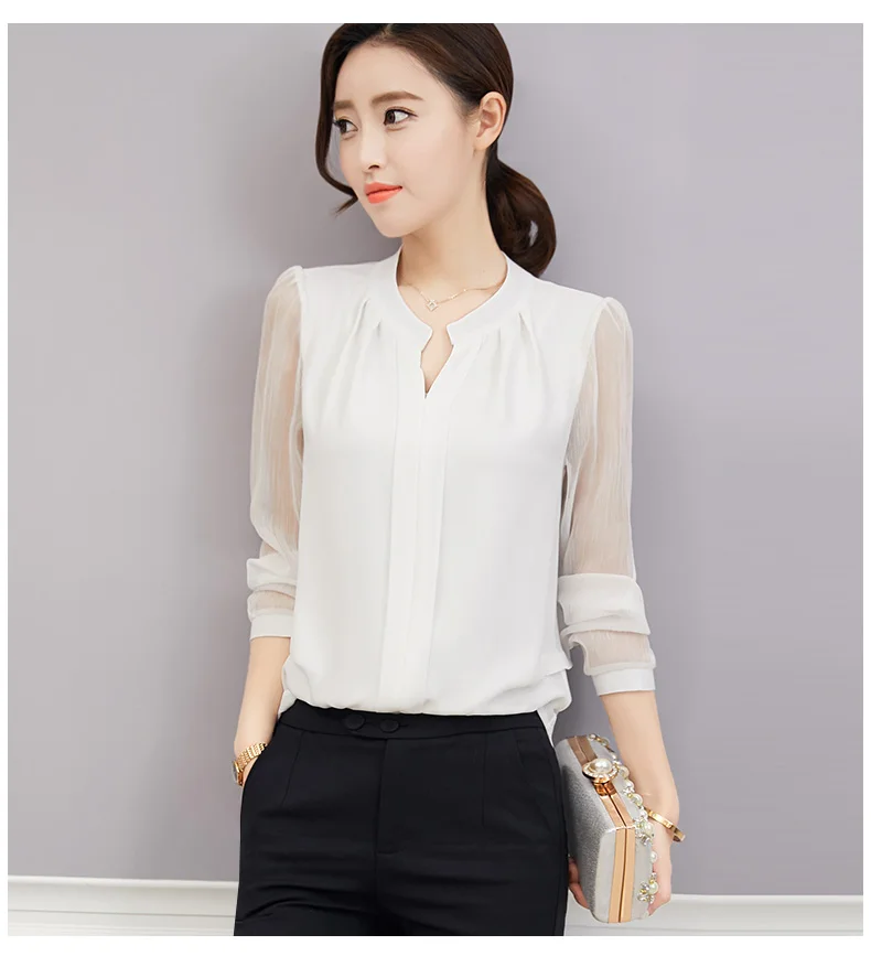 Летние блузки размера плюс для офиса, тонкая шифоновая рубашка с v-образным вырезом, женские белые рубашки с длинным рукавом, повседневные топы S-3XL