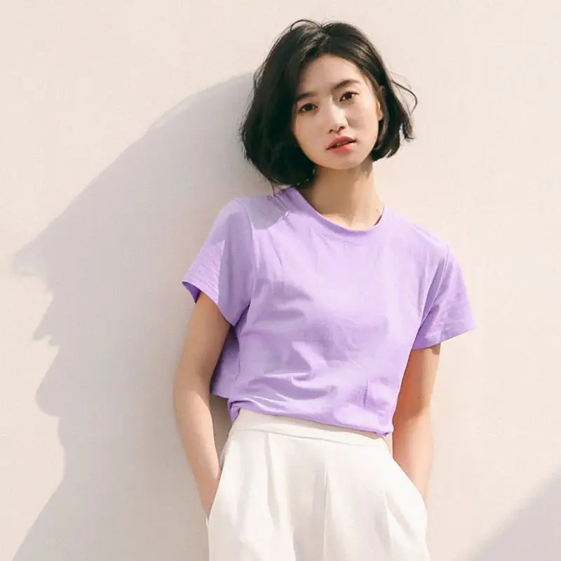 

Summer Solid O-Neck Short Sleeve Back Bow Hollow Out T-Shirt Academic Style Cotton Top T-Shirts