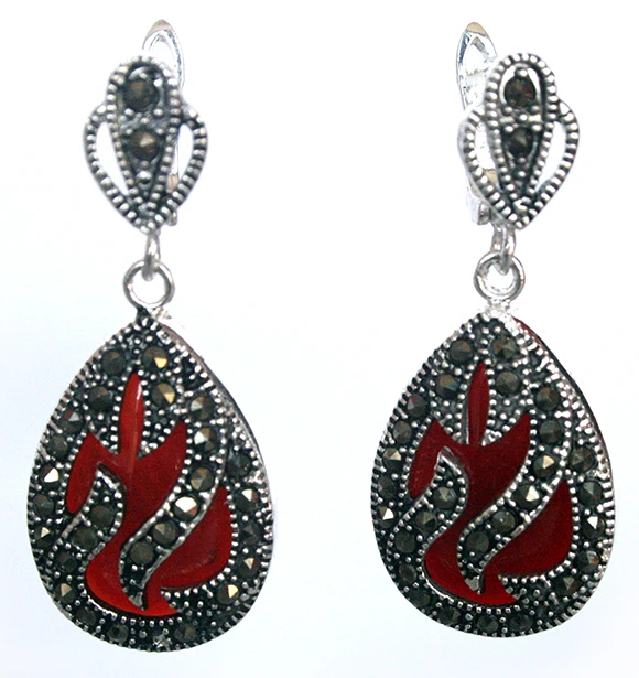 Vendita Calda New-11/2 "Genuine 925 Silver & Marcasite Intarsio Corallo Rosso Waterdrop Orecchini