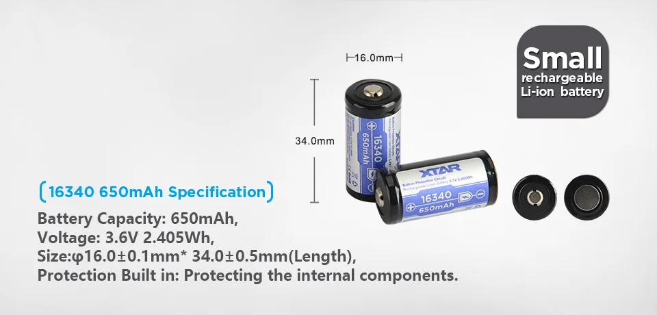 2 шт. литий XTAR 16340 650 mAh 3,6 V защищенный Перезаряжаемые Li-Ion Батарея по MC1 MC2 PB2 VC2 VC4 SV2 VP4 плюс MC6 зарядное устройство