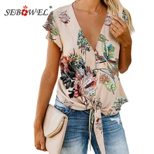 SEBOWEL Summer Floral Print Blouse and Shirt Women New Sexy V Neck Ruffle Sleeve Tie Knot Button Down Blouses and Tops for Femme knot detail floral blouse with shorts