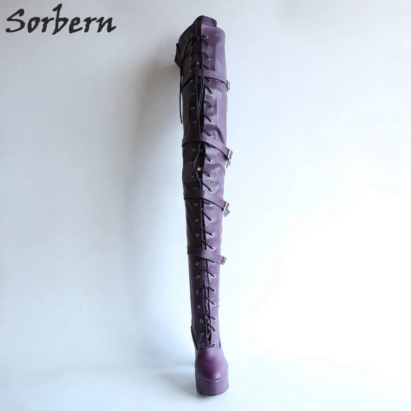 Sorbern Matt/Фиолетовые женские сапоги до бедра на массивном каблуке высокие молнии