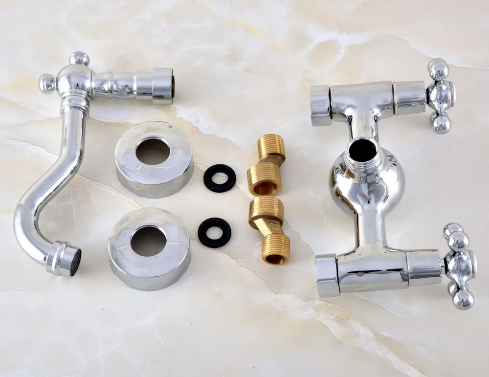 Polished Chrome Brass Wall Mount Bathroom Basin Kitchen Sink Faucet Swivel Spout Mixer Tap Dual Cross Handles Levers anf577