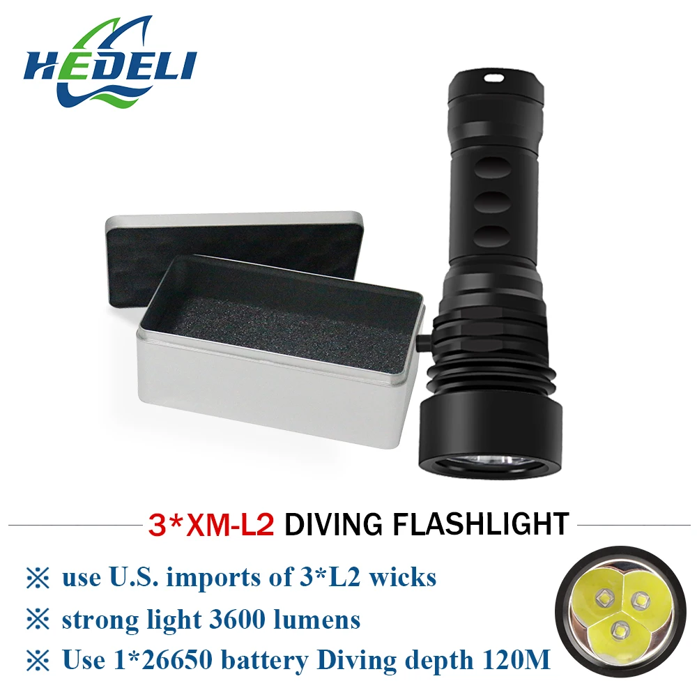 

Diving flashlight LED super bright lantern underwater 120m waterproof diver torch 3xCREE XML-L2 dive light rechargeable 26650