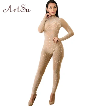 

ArtSu Diamonds Fitness Long Sleeve Jumpsuit Romper Women Sexy See-through Party Jumpsuits Club Winter Spring Overalls ASJU30276