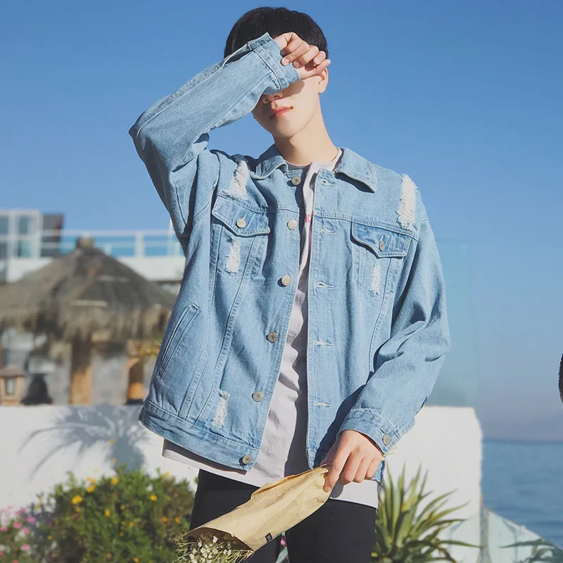 

New men's denim jacket men's fashion trend Slim clothes men handsome wild student clothes Distressed Shredded hole leisure hot
