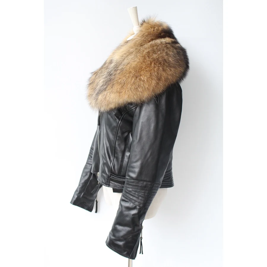 Новинка, модная куртка из натуральной овечьей кожи с большим воротником из натурального меха енота, короткая куртка, теплые осенне-зимние пальто