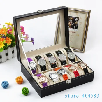 

2pcs/lot 10-Grid PU Leather watch display box case with pillow watch box with lock