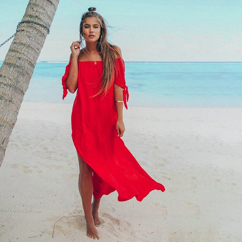 

Sexy Summer Hot Long Dress Female Side Split Maxi Dress Casual Loose Solid Short Sleeve Lace-up Off The Shoulder Dress Clothing