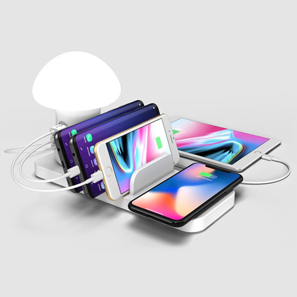 Быстрое беспроводное зарядное устройство светодиодный грибовидный ночник 3 порта USB зарядное устройство для iPhone samsung huawei Android Qi беспроводной зарядный блок