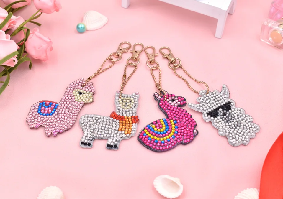 

4Pcs DIY Full Drill Special Shaped Diamond Painting Key Chain Cartoon Sheep Women Bag Pendant Keychains Jewelry Key Ring Gifts