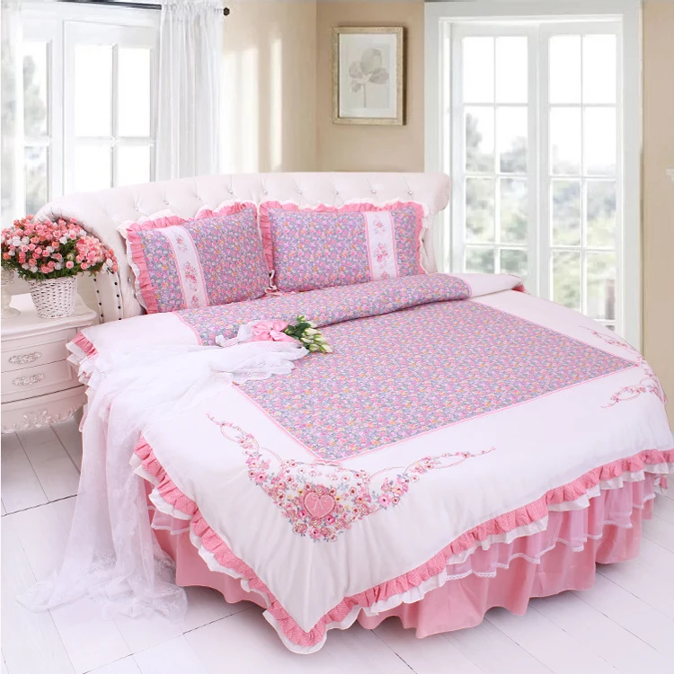 Best LACE ROUND Corner Bed Europe Orange color Flower Bedding sets Cotton Round Double Bed sheet Duvet cover Pillow case Bedskirt 43