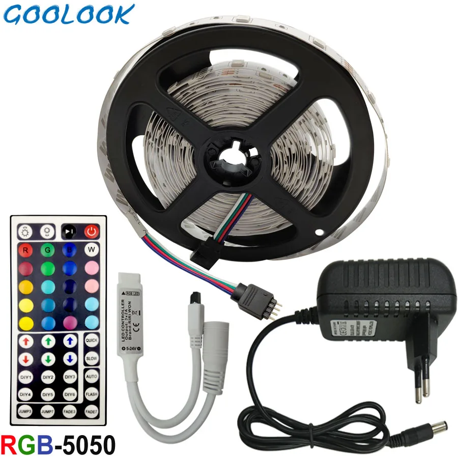 

5m 10m 15m LED Strip SMD RGB 5050 LED Strip Light RGB Fita Ribbon Flexible DC 12V led stripe with Remote Controller and Adapter